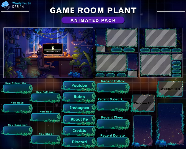 Puede incluir: Un conjunto de superposiciones animadas de Twitch con un tema de sala de juegos con un motivo de plantas. Las superposiciones incluyen un marco de c&aacute;mara web, una pantalla de inicio inminente y varias alertas para nuevos suscriptores, seguidores, incursiones, anfitriones, donaciones, v&iacute;tores y m&aacute;s.
