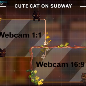 May include: Two digital webcam frames with a cute cartoon cat on each. The top frame says "Webcam 1:1" and the bottom frame says "Webcam 16:9". The background is a brown grid with vines and leaves.