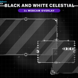May include: Black and white celestial webcam overlay with three frames. The largest frame has a diagonal striped pattern. The smaller frames have celestial symbols like moons and stars.