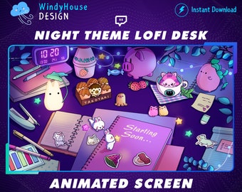 Pantalla de transmisión de superposición de Twitch de escritorio Lofi púrpura animada, superposición de Twitch acogedora, superposición de transmisión de Lofi de tema nocturno para Streamer, Youtuber