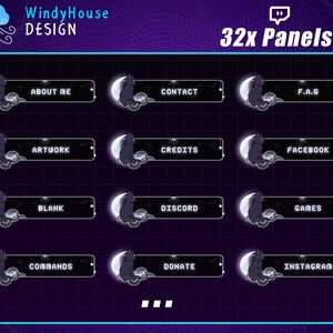 May include: A set of 32 Twitch panels featuring a black cat sitting on a crescent moon with a cloud behind it. The panels are black with white text and include the following titles: About Me, Contact, F.A.Q, Artwork, Credits, Facebook, Blank, Discord, Games, Commands, Donate, and Instagram.