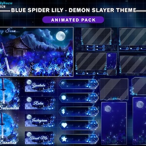 Puede incluir: Un paquete de arte digital con un tema azul y blanco, que presenta una escena nocturna con luna llena, una casa tradicional japonesa y lirios ara&ntilde;a azules. Incluye superposiciones y paneles animados para streaming, con etiquetas de texto como "Starting Soon".