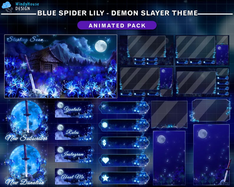 Puede incluir: Un paquete de arte digital con un tema azul y blanco, que presenta una escena nocturna con luna llena, una casa tradicional japonesa y lirios ara&ntilde;a azules. Incluye superposiciones y paneles animados para streaming, con etiquetas de texto como "Starting Soon".