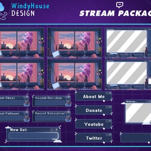Animated Lofi Desk Twitch Pack, Lofi Sakura Cherry Blossom, Kitty Cat Watching Sakura, Sunset Overlay, Flower, Cute Graphics