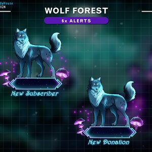 Op de afbeelding: Twee blauwe wolven met gloeiende ogen en witte vacht op hun borst staan voor een neonbord. Het bord links zegt "Nieuwe abonnee" en het bord rechts zegt "Nieuwe donatie". De achtergrond is een donkerblauwe en paarse nevel met een rasterpatroon.