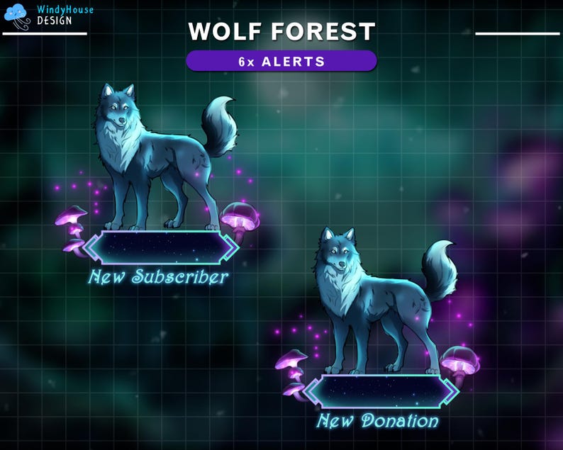 Op de afbeelding: Twee blauwe wolven met gloeiende ogen en witte vacht op hun borst staan voor een neonbord. Het bord links zegt "Nieuwe abonnee" en het bord rechts zegt "Nieuwe donatie". De achtergrond is een donkerblauwe en paarse nevel met een rasterpatroon.