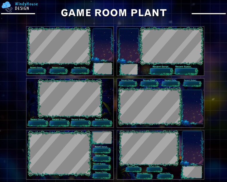 Puede incluir: Una superposici&oacute;n digital para streaming con un fondo azul oscuro con estrellas y un borde de vid verde. La superposici&oacute;n tiene varias secciones para mostrar donaciones, v&iacute;tores, suscriptores y seguidores recientes.