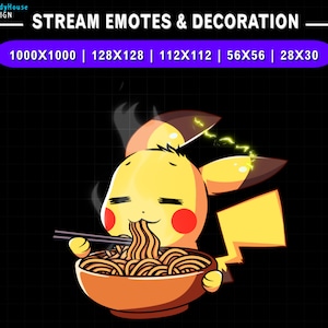 Geanimeerde Twitch-emote, stroomdecoratie Pikachu die ramen eet, Pikachu Twitch-emotes, leuke emotes voor YouTube, Discord