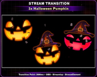 3x Halloween Pumpkin Stream Transition, Jack O Lantern Twitch Transition, Witch Pumpkin Scene Switch for OBS Streamlabs VTuber