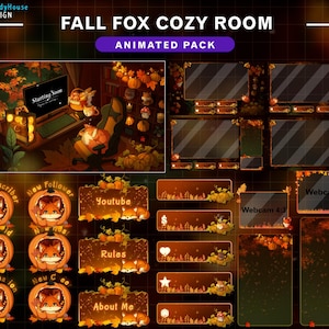 Animierter Herbst Herbst Fuchs, Herbst Herbst Twitch Overlay mit Fuchs, Kürbis, Ahornblatt, Pilz, Kaffee ...
