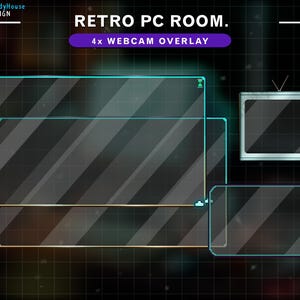 May include: A digital overlay for a retro PC room with four webcam frames. The frames are transparent and have a blue and gold border. The text "RETRO PC ROOM. 4x WEBCAM OVERLAY" is displayed at the top of the image.