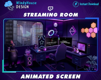 Animated Gaming Room Twitch Stream Screens, Cozy Streaming Room with Rainy Twitch Overlay with for Streamer Vtuber Background