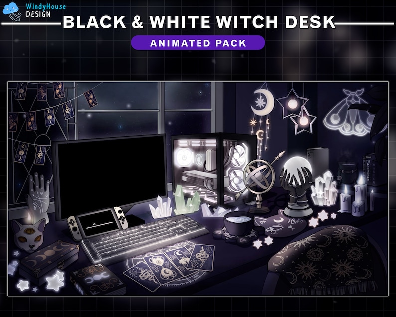May include: A black and white witch-themed desk setup with the text "BLACK & WHITE WITCH DESK - ANIMATED PACK". The desk features a computer, keyboard, tarot cards, crystals, candles, and decorative celestial elements. The overall aesthetic is dark and mystical.