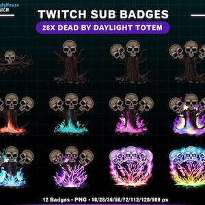 Puede incluir: Conjunto de 12 insignias de suscripción de Twitch con diseños de calaveras y árboles. Las insignias muestran calaveras en árboles, con llamas en rojo, azul, morado y verde. Se muestra el texto "TWITCH SUB BADGES" y "28X DEAD BY DAYLIGHT TOTEM".