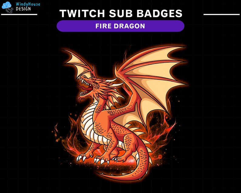 Pu&ograve; includere: Un drago di fuoco rosso e arancione con le ali spiegate, su uno sfondo nero con fiamme. Il testo "TWITCH SUB BADGES FIRE DRAGON" &egrave; in alto nell'immagine.