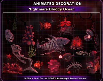 23x Animated Bloody Ocean Horror Stream Decoration, Pumpkin Fish, Skeleton, Halloween Twitch Overlay Decor, Spooky Stream Assets for OBS