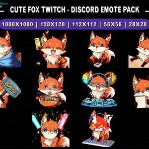 May include: A collection of cute fox-themed Twitch and Discord emotes. The emotes feature foxes in various poses, including using a laptop, holding a credit card, eating noodles, and wielding a hammer. The emotes are in orange, white, and blue.