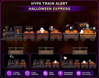 Animated Halloween Express Hype Train Alert, Horror Train Twitch Hype Alert for OBS Streamlabs Kick VTuber witch Cute Ghost, Grim Reaper