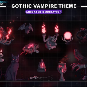May include: A collection of animated Gothic Vampire Theme decorations. The image features a black cat, a bat, a gargoyle, a raven, a book, a goblet, and other spooky elements, all with a dark red glow. The text "GOTHIC VAMPIRE THEME" is at the top.