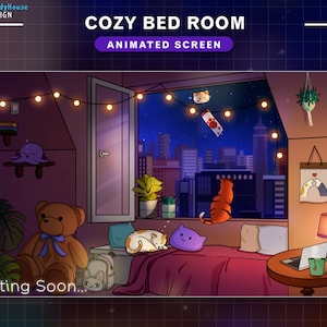 Animated Cozy Room Twitch Overlay Stream Screens, Cute Cat Stream Package, Lofi Bed Room with Wind Chimes Overlay For Streamer