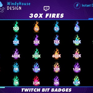 30x Fire Bit Badges/ Twitch Tier Badges / Rainbow Fire / Number Bit Badges / Gamer Graphics
