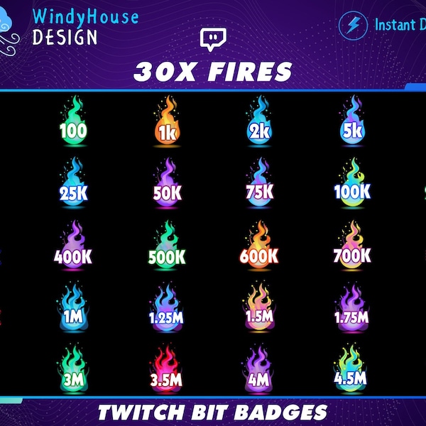 30x Fire Bit Badges/ Twitch Tier Badges / Rainbow Fire / Number Bit Badges / Gamer Graphics