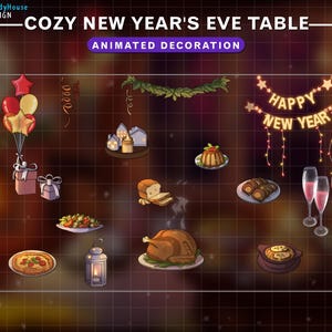 Animated Cozy New Year&#39;s Eve Table Stream Decoration, NYE Twitch Overlay with Champagne, Balloons, Graphics For Streamer