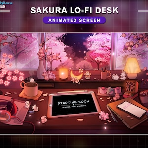 Écrans Twitch de bureau Kawaii Lo-fi avec fleurs de cerisier animés, salle de jeux confortable avec chute, début, fin et fin de Sakura, écrans de diffusion hors ligne