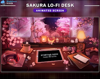 Pantallas de Twitch de escritorio de baja fidelidad kawaii con flores de cerezo animadas, sala de juegos acogedora con sakura cayendo, inicio, listo, fin, pantallas de transmisión sin conexión