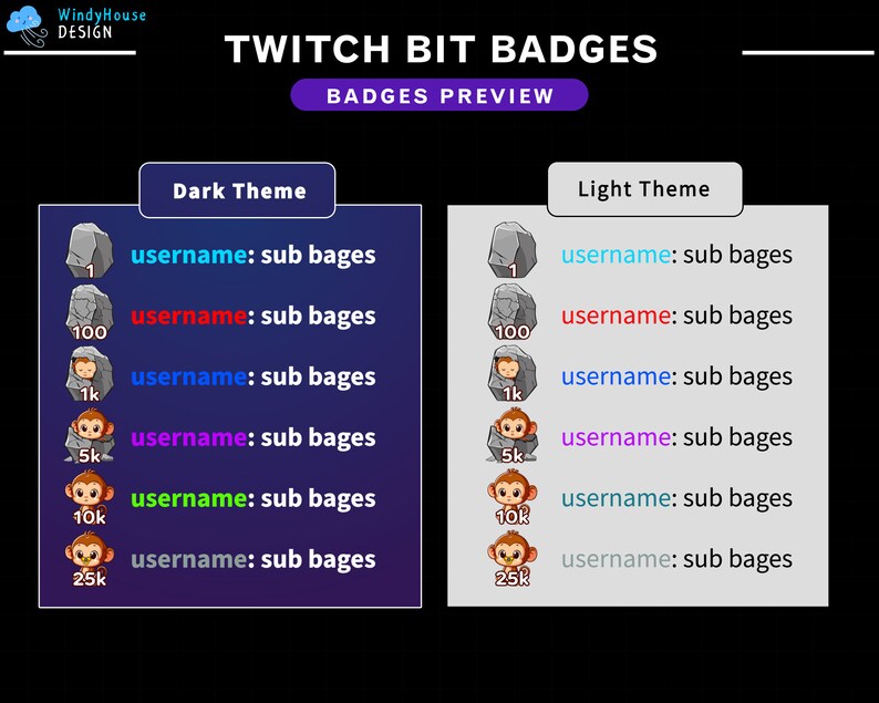 May include: A preview of Twitch bit badges in a dark and light theme. The badges show different levels of subscriber milestones, including 1, 100, 1,000, 5,000, 10,000, and 25,000 subscribers. The text "username: sub badges" appears next to each badge.