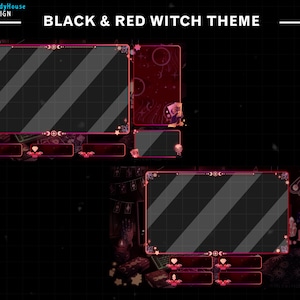 May include: Black and red Twitch stream overlay with a witch theme. The overlay has two large rectangular frames with a black and white checkered background. The frames are decorated with stars, moons, and other witchy elements. The text "BLACK & RED WITCH THEME" is at the top of the overlay.