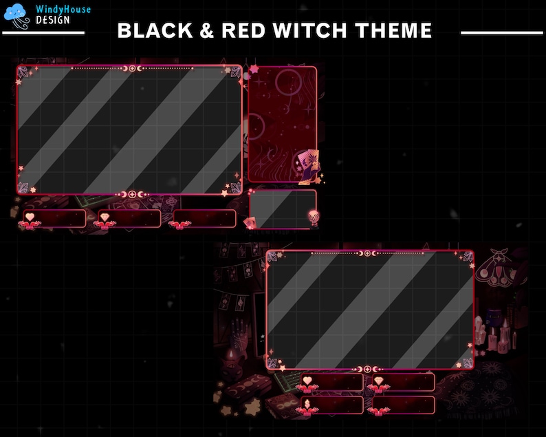 May include: Black and red Twitch stream overlay with a witch theme. The overlay has two large rectangular frames with a black and white checkered background. The frames are decorated with stars, moons, and other witchy elements. The text "BLACK & RED WITCH THEME" is at the top of the overlay.