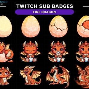 Pu&ograve; includere: Un set di badge di abbonamento Twitch che mostrano un adorabile drago di fuoco in varie fasi di sviluppo. I badge includono un uovo di drago, un drago che nasce da un uovo, un drago bambino che dorme, un drago bambino seduto, un drago bambino in piedi e un drago adulto con il fuoco.