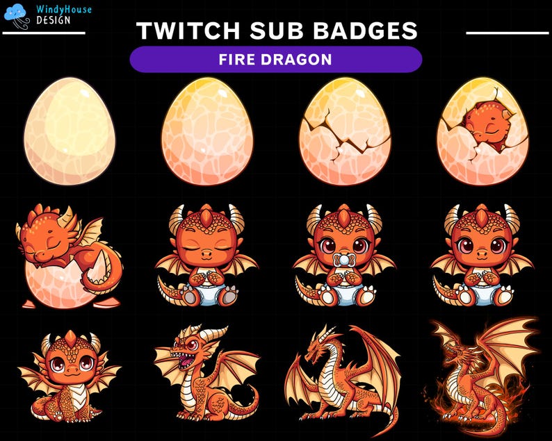 Pu&ograve; includere: Un set di badge di abbonamento Twitch che mostrano un adorabile drago di fuoco in varie fasi di sviluppo. I badge includono un uovo di drago, un drago che nasce da un uovo, un drago bambino che dorme, un drago bambino seduto, un drago bambino in piedi e un drago adulto con il fuoco.