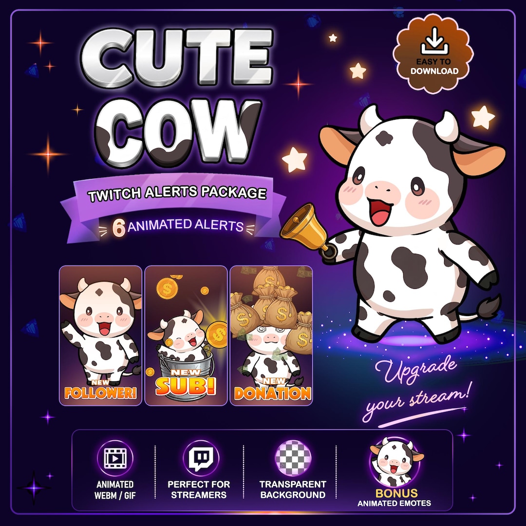 Cute Cow Animated Twitch Alerts Pack, Cow Stream Alerts Bundle, Bonus ...