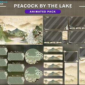 Animated Stream Package Aesthetic White Peacock by the Lake, Dreamy Twitch Overlay with Peacock, Cherry Blossom, Mountains, Lake, Palm Trees