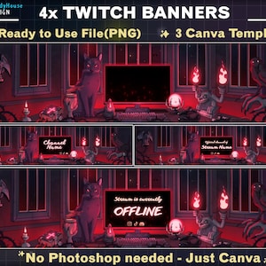 May include: Four Twitch banner designs with a gothic theme. Each banner features a black cat, a computer, and various spooky decorations in a red-lit room. Text includes "Channel Name" and "Stream is currently OFFLINE".