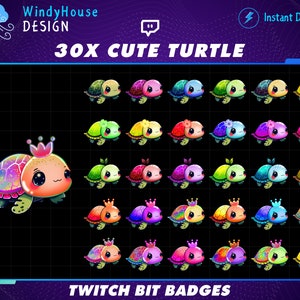 Könnte beinhalten: 30 niedliche Schildkröten Twitch Bit-Badges. Die Badges zeigen eine Cartoon-Schildkröte mit einer Krone, die verschiedene Farben und Muster trägt. Die Badges sind in einem Raster angeordnet.
