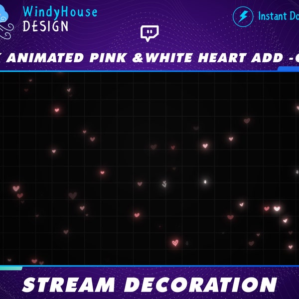 3x Animated Stream Decoration Pink And White Floating Heart Twitch Overlay, Falling Up, Falling Down Neon Love Hearts , Valentine Overlay