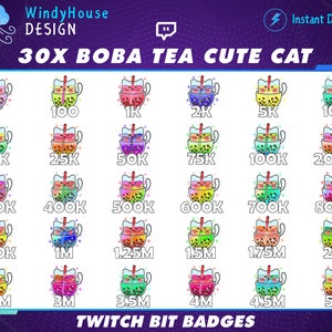 30x Boba Tea Twitch Bit Badges, Cute Cat Twitch Bit Badges Set, Twitch ...