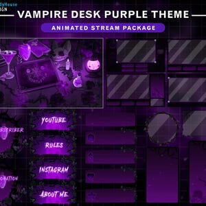 May include: A digital art package with a vampire theme. The design features a dark purple color scheme with animated overlays for streaming. Includes overlays for YouTube, Instagram, and other streaming elements.