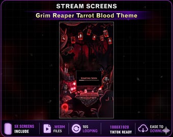 TIKTOK Stream Screens Grim Reaper Tarot Card Mystic Forest Blood Theme, Cute Ghost Spirit Witch Desk Animated Vertical TIKTOK Overlay
