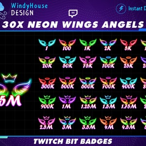 Op de afbeelding: Een set van 30 neon engelenvleugel Twitch-bitbadges. De badges hebben een regenboogkleurige gradiënt en zijn ontworpen voor verschillende bit-mijlpalen, variërend van 1 tot 5 miljoen.