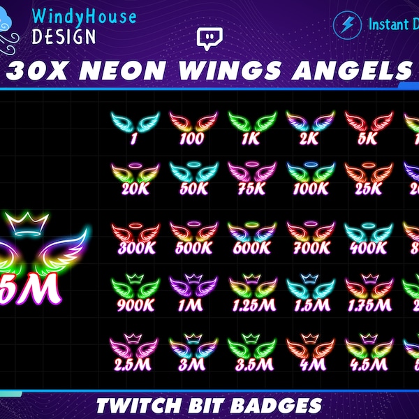 Set of 30 Neon Wings Angels Twitch Bit Badges, Colorful Wings Sub Badges for Streamers, YouTubers & Discord