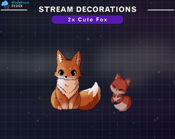 May include: Two cartoon foxes, one large and one small, with orange fur and white accents. The larger fox is sitting with its tail curled behind it. The smaller fox is sitting with its tail curled around its body. The text "2x Cute Fox" is above the foxes.