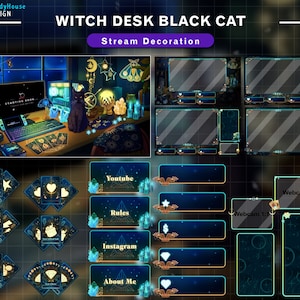 Animated Twitch Screens Black Cat Witch Desk, Goth Golden Theme Twitch Overlay with Tarrot Card, PC Setup, Ghost, Skull, Candle, Poison...