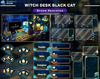 Animated Twitch Screens Black Cat Witch Desk, Goth Golden Theme Twitch Overlay with Tarrot Card, PC Setup, Ghost, Skull, Candle, Poison...