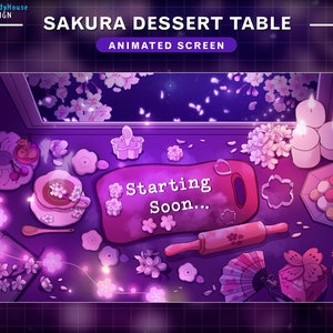 Animated Twitch Screens Cherry Blossom Dessert Table, Sakura Lofi Desk with Sakura Falling, Night Sky, Hot Tea, Candle, Cake...