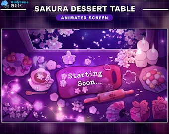 Pantallas animadas de Twitch Mesa de postres con flores de cerezo, escritorio Sakura Lofi con Sakura cayendo, cielo nocturno, té caliente, vela, pastel...
