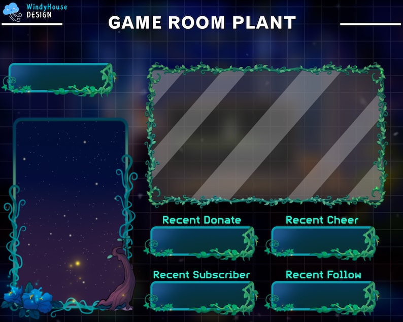 Puede incluir: Una superposici&oacute;n de Twitch azul y verde con un fondo de tem&aacute;tica espacial. La superposici&oacute;n incluye un &aacute;rea rectangular grande para una c&aacute;mara web, un &aacute;rea rectangular m&aacute;s peque&ntilde;a para un juego y cuatro &aacute;reas rectangulares m&aacute;s peque&ntilde;as para donaciones, v&iacute;tores, suscriptores y seguidores recientes.